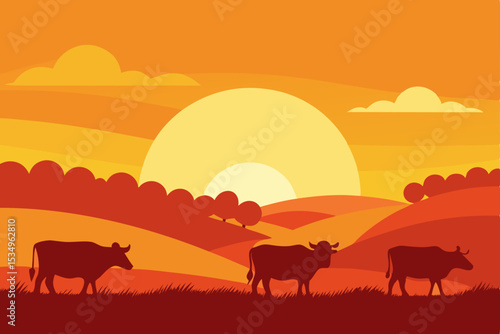 Serene Sunset Silhouette Cows Grazing in Rolling Hills Landscape