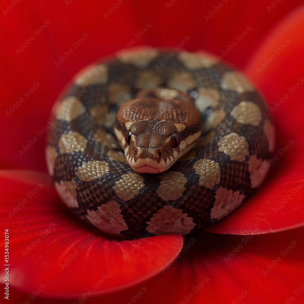 Obraz premium closeup of a colorful snake coiled on a red flower, detailed, high definition, macro photography, natural lighting, cinematic, captivating, striking, mesmerizing, vibrant colors, sharp focus, depth of