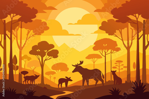 Golden Hour in the Savanna Wildlife Silhouette Landscape Illustration