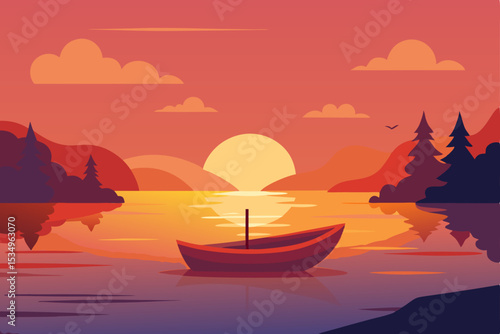 Serene Sunset Lakeside Serenity with Calm Waters and a Peaceful Boat