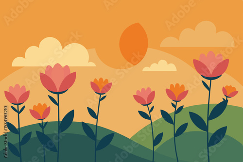 Sunset Meadow Vibrant Flowers in a Retro Landscape Illustration