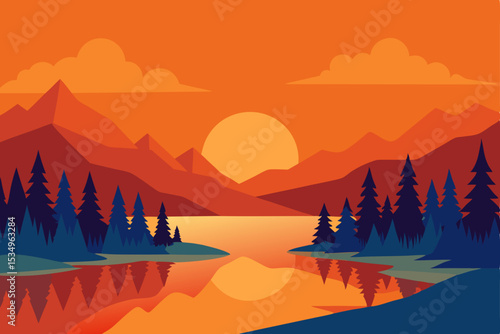 Sunset over Mountain Lake A Serene Landscape Illustration