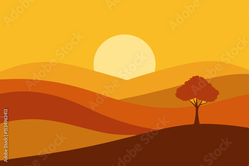 Serene Sunset Landscape Minimalist Hills, Solitary Tree, and Warm Autumn Hues