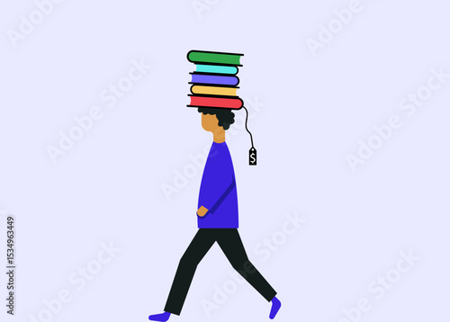 Student with heavy books burden over head, balancing study illustration