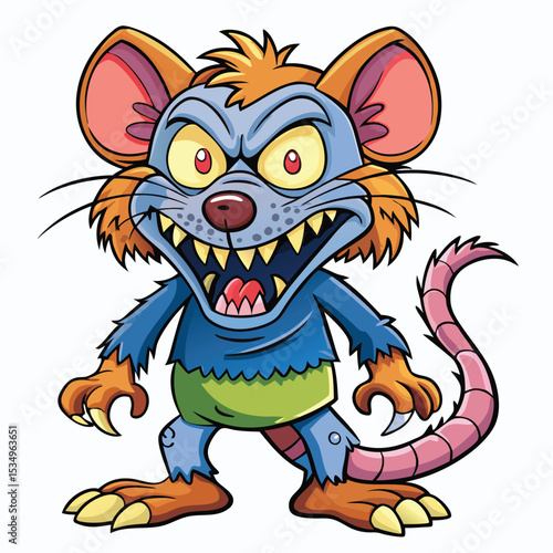 Angry cartoon monster rat standing aggressively, a terrifying creature with sharp claws and a fierce expression.