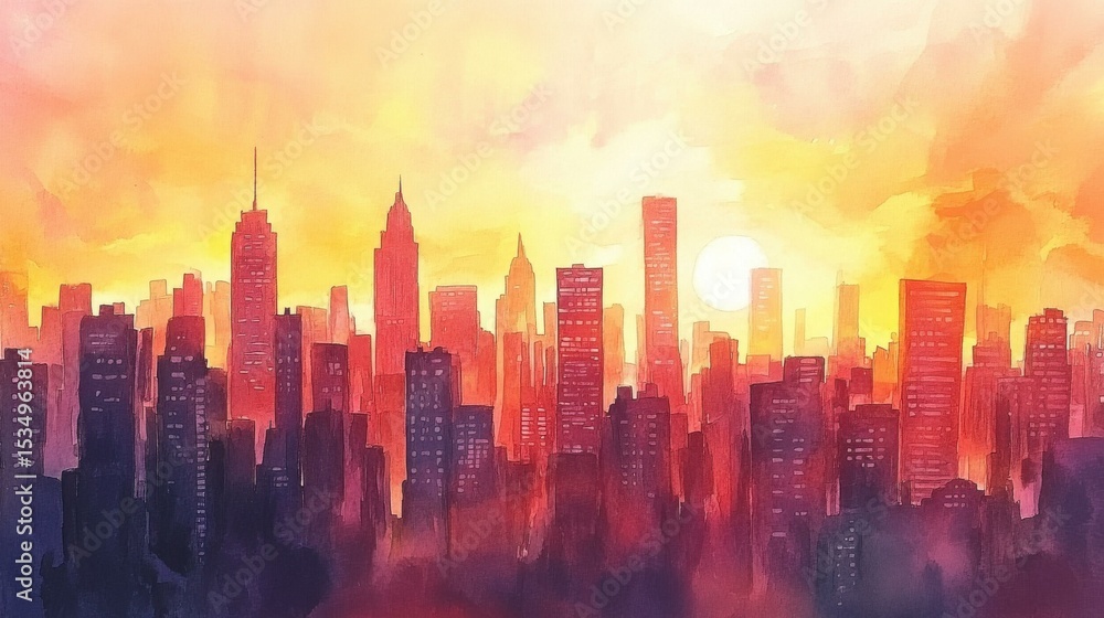 Fototapeta premium Cityscape at sunset with warm, serene atmosphere