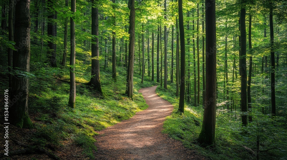 Fototapeta premium Serene forest path surrounded by trees on a sunny day