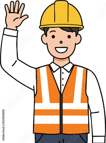 Construction worker wearing orange safety vest and yellow helmet waving hand in greeting vector illustration 