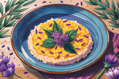 creamy Risotto alla Milanese with golden saffron, fresh herbs, and grated cheese. Traditional Italian rice dish in elegant rustic presentation