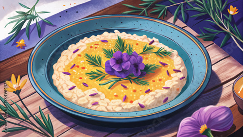creamy Risotto alla Milanese with golden saffron, fresh herbs, and grated cheese. Traditional Italian rice dish in elegant rustic presentation