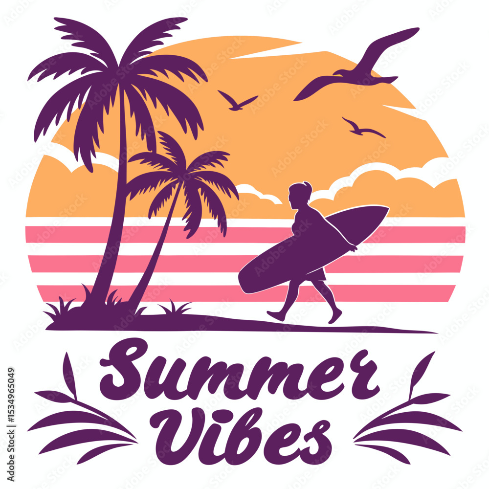 Naklejka premium Tropical Paradise Beach Sunset Vector Illustration