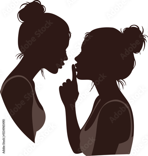 Silhouettes of two young women with hair buns in quiet intimate gesture vector illustration