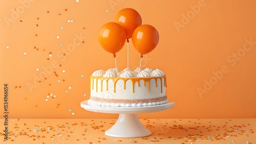Delicious orange drizzled cake with balloons and confetti