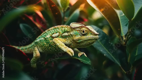 Wallpaper Mural Colorful chameleon perched on green leaves at sunset Torontodigital.ca