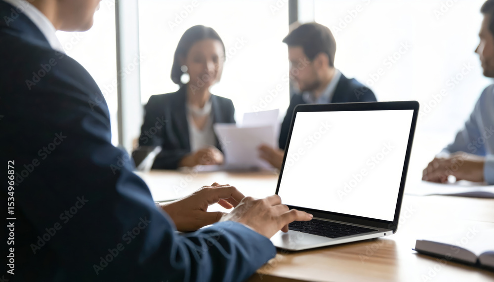 Business meeting with professionals discussing documents, person using laptop with blank screen, modern office environment, teamwork and collaboration, focused atmosphere Business meeting with professionals discussing documents, person using laptop with blank screen, modern office environment, teamwork and collaboration, focused atmosphere
