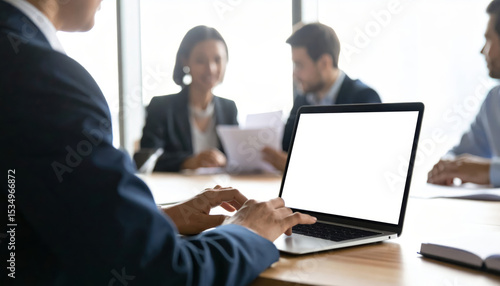 Business meeting with professionals discussing documents, person using laptop with blank screen, modern office environment, teamwork and collaboration, focused atmosphere