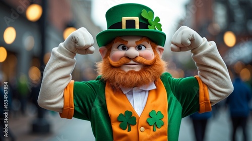Character Showing Biceps in Green Suit with Orange Details and Clover