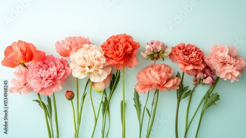 Flat lay of pink and orange flowers on pastel blue background