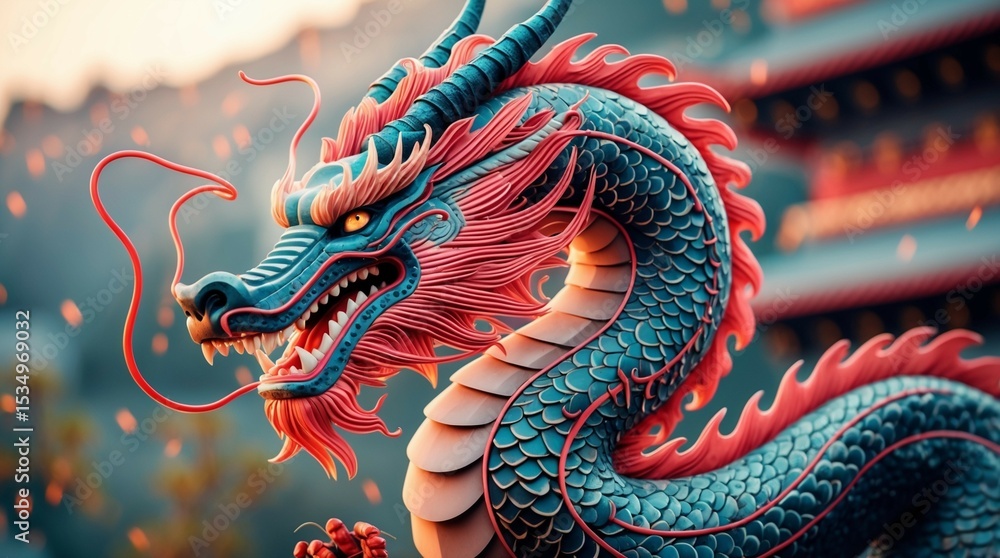 Obraz premium Dragon Sculpture with Pagoda Background Detailed Colorful Design