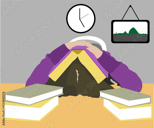 Academic pressure woman illustration. Concept of fatigue, studying and academic stress. Vector illustration