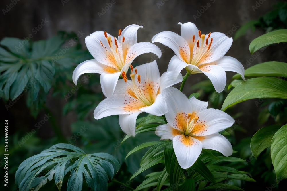 Delicate white lilies blooming in a summer garden Delicate white lilies blooming in a summer garden
