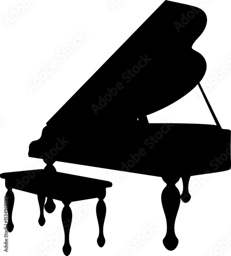Black vector silhouette of an elegant grand piano with a matching cushioned bench. The classic curved legs and open lid design evoke a vintage, formal musical setting in simple form.