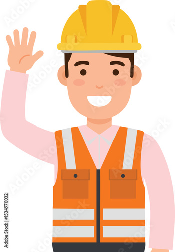 Construction worker smiling and waving hand wearing safety helmet and reflective vest vector illustration