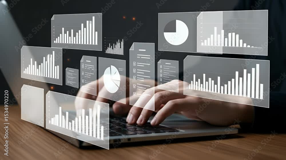 Hands typing on laptop with data visualizations overlay