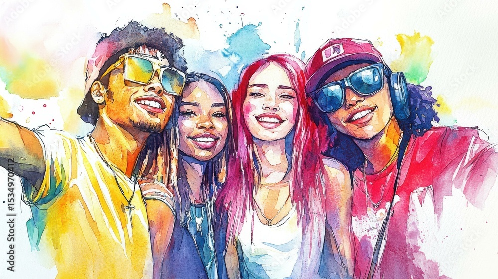 Diverse group of young adults taking a joyful selfie indoors Diverse group of young adults taking a joyful selfie indoors