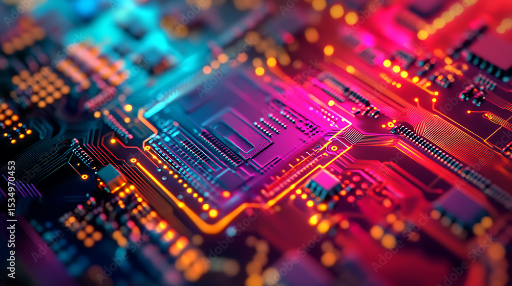 Fototapeta premium Vibrant Circuit Board with Neon Lighting