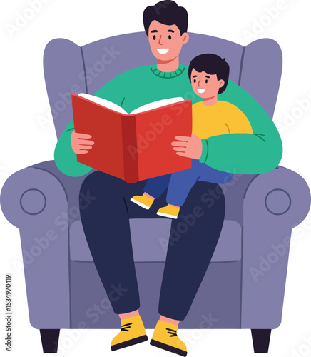 Father reading book to son sitting on armchair enjoying storytime together in cozy home environment 