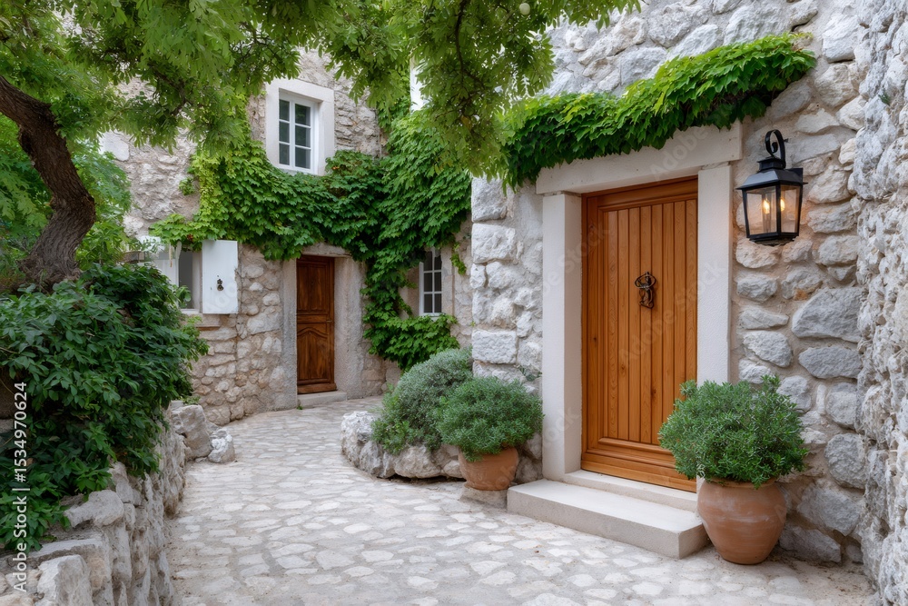 Fototapeta premium Charming stone house with wooden doors and climbing plants adorning the facade