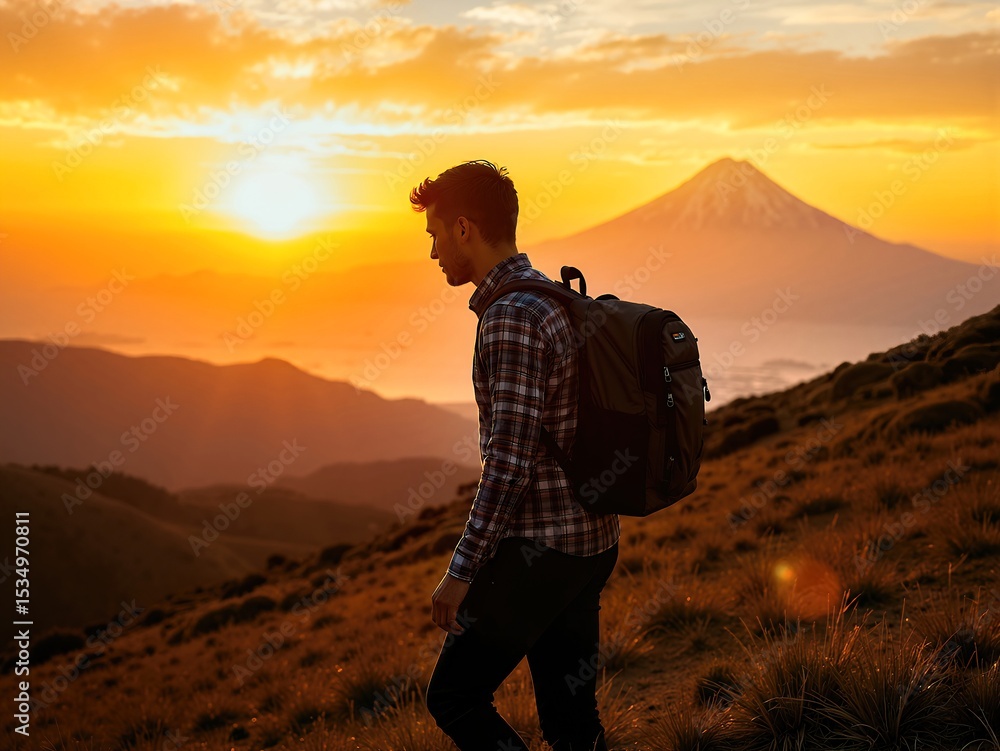 Fototapeta premium Sunset Hike: Man & Mountain Vista - Backpacking Journey