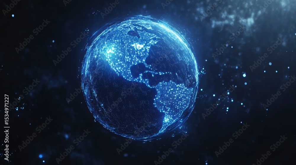 Obraz premium Glowing digital Earth, North and South America continents, global network.