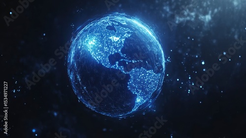 Glowing digital Earth, North and South America continents, global network.