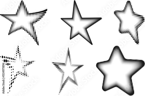 Abstract star shaped frames set created with halftone dots, adding a dynamic and creative touch to visual content. Ideal for decorative pop art style retro designs.