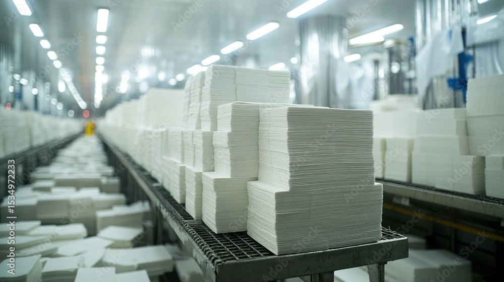 Fototapeta premium Stacks of white rectangular sheets on metal shelves in a factory