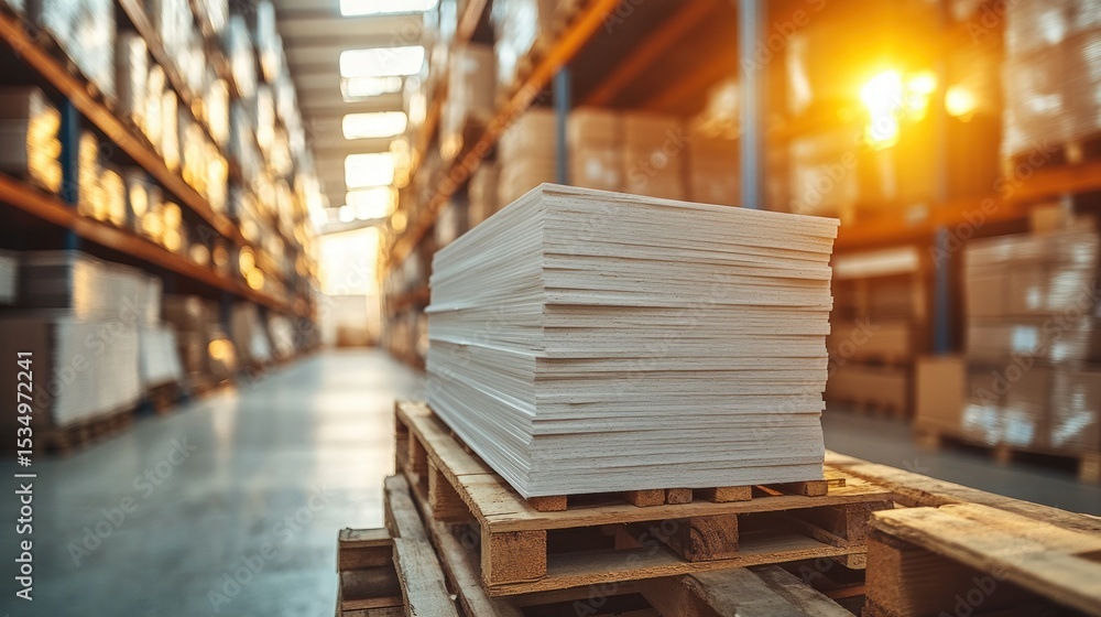 Fototapeta premium Stacked white sheets on pallet in warehouse
