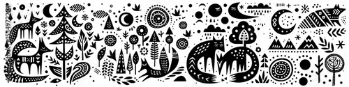 Hand‑Drawn Fox Illustration – Tribal Forest Folk Art Pattern Vector for Wildlife & Nature Themes