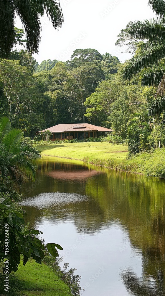 Fototapeta premium Tranquil Lakeside House nestled in Lush Tropical Rainforest Paradise