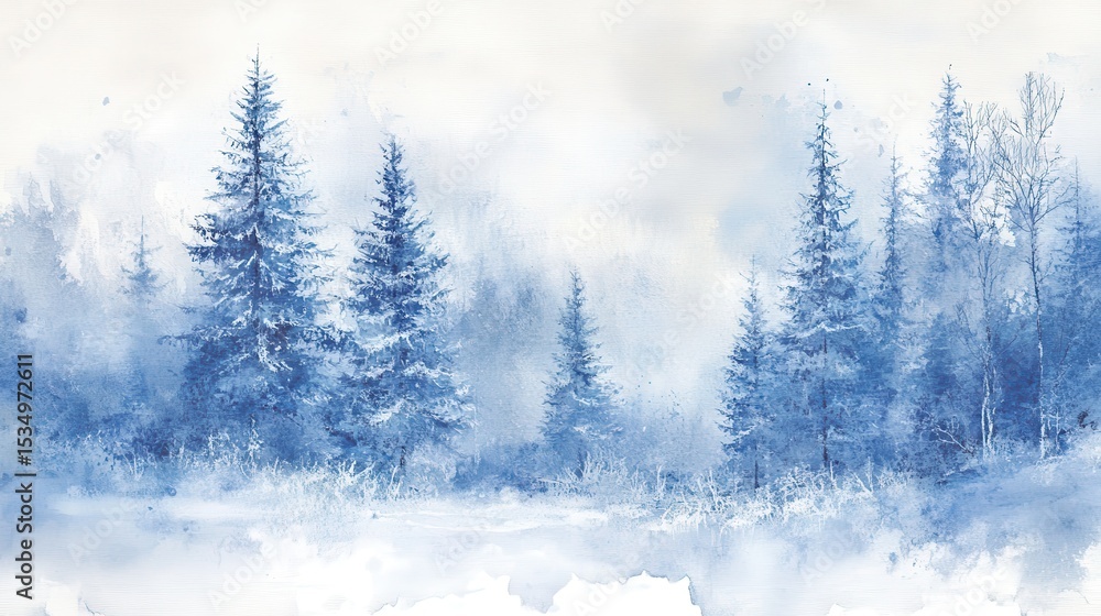 Snow-covered coniferous trees in serene winter forest Snow-covered coniferous trees in serene winter forest
