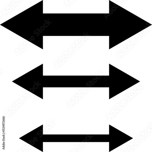 Set of double sided arrows of different sizes. Vector illustration of three bold double arrows in varying sizes. Black arrows pointing left and right. Minimalist graphic with geometric shapes
