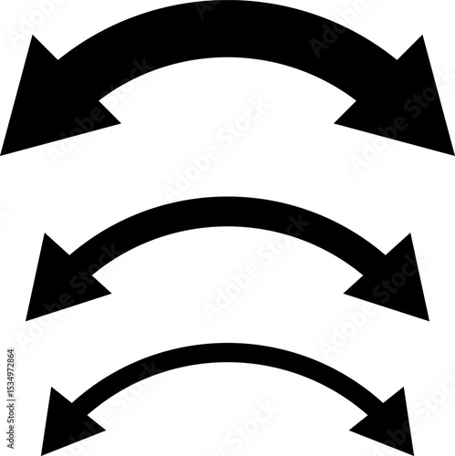 Set of double sided arrows of different sizes. Vector illustration of three bold double arrows in varying sizes. Black arrows pointing left and right. Minimalist graphic with geometric shapes