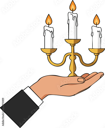 Hand holding three lit candles on golden candelabrum illustration vector art design 