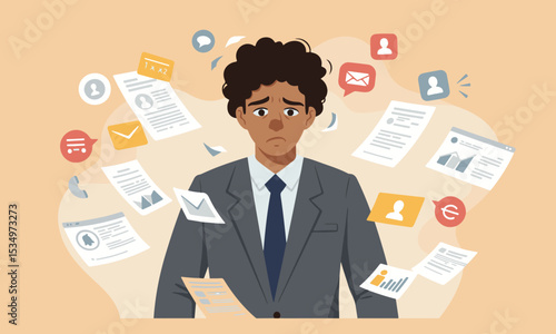 Flat design illustration depicting an individual with work-related stress, information overload, and excessive paperwork. Ideal for themes of mental health, stress management, and worklife balance