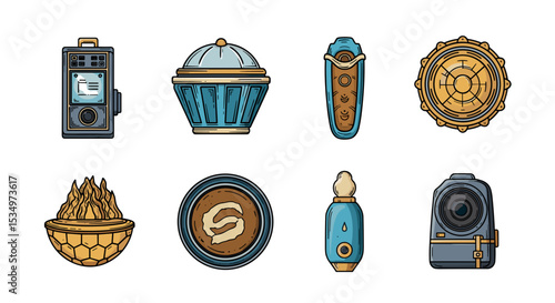 Collection of eight stylized objects including a communicator, urn, and other unique items