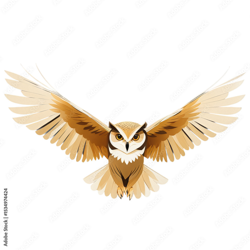Obraz premium Majestic brown and white owl with outstretched wings in flight on beige background