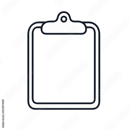 Minimalist black and white clipboard icon on white background, simplicity