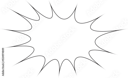 This image displays a blank, white comic speech bubble, characterized by a jagged, spiky outline with a thick black border. 