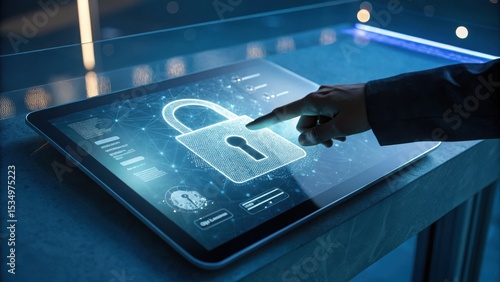 Cybersecurity digital lock on tablet screen with hand interacting